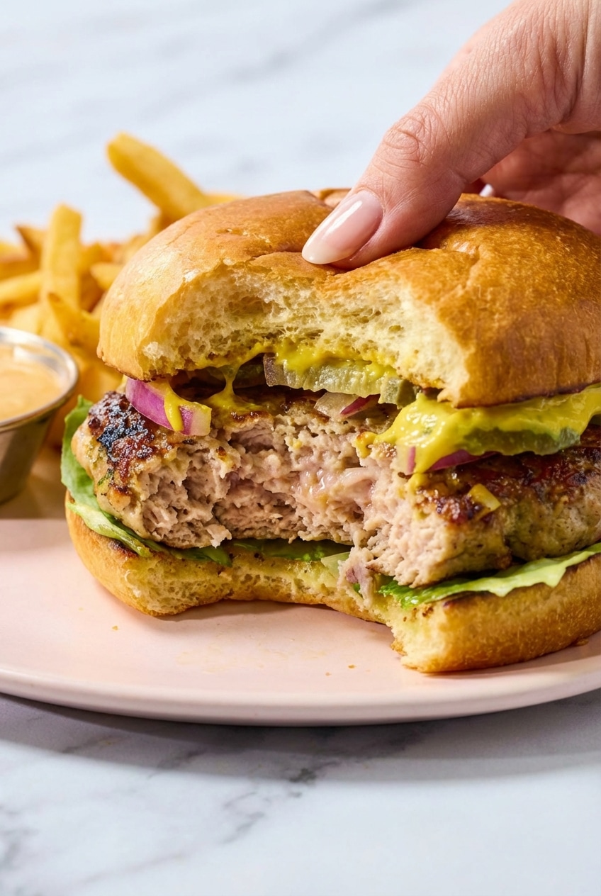 Checking the internal temperature of sizzling Turkey Burgers in a skillet using a meat thermometer to ensure poultry safety
