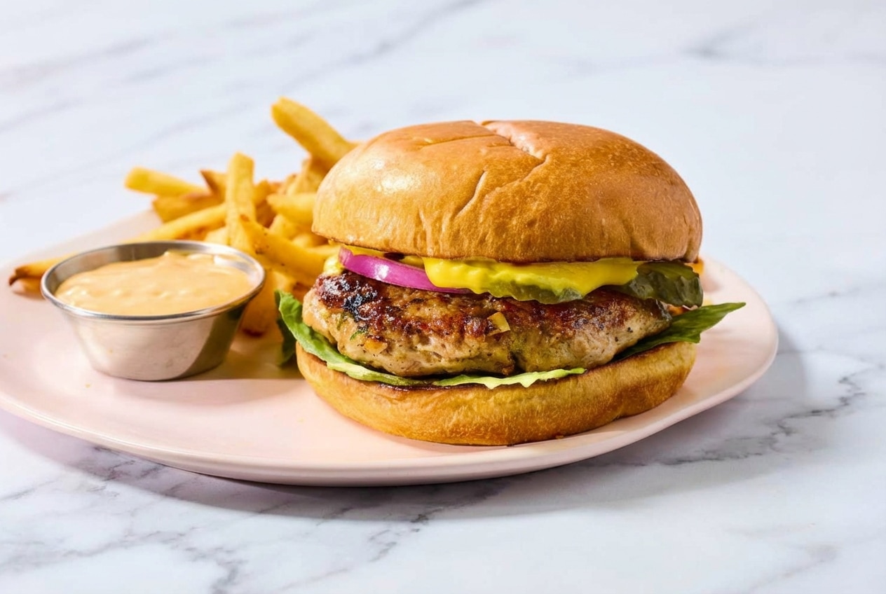 Juicy Turkey Burgers with a golden seared crust demonstrating the mayo-binder technique on a toasted bun with fresh lettuce