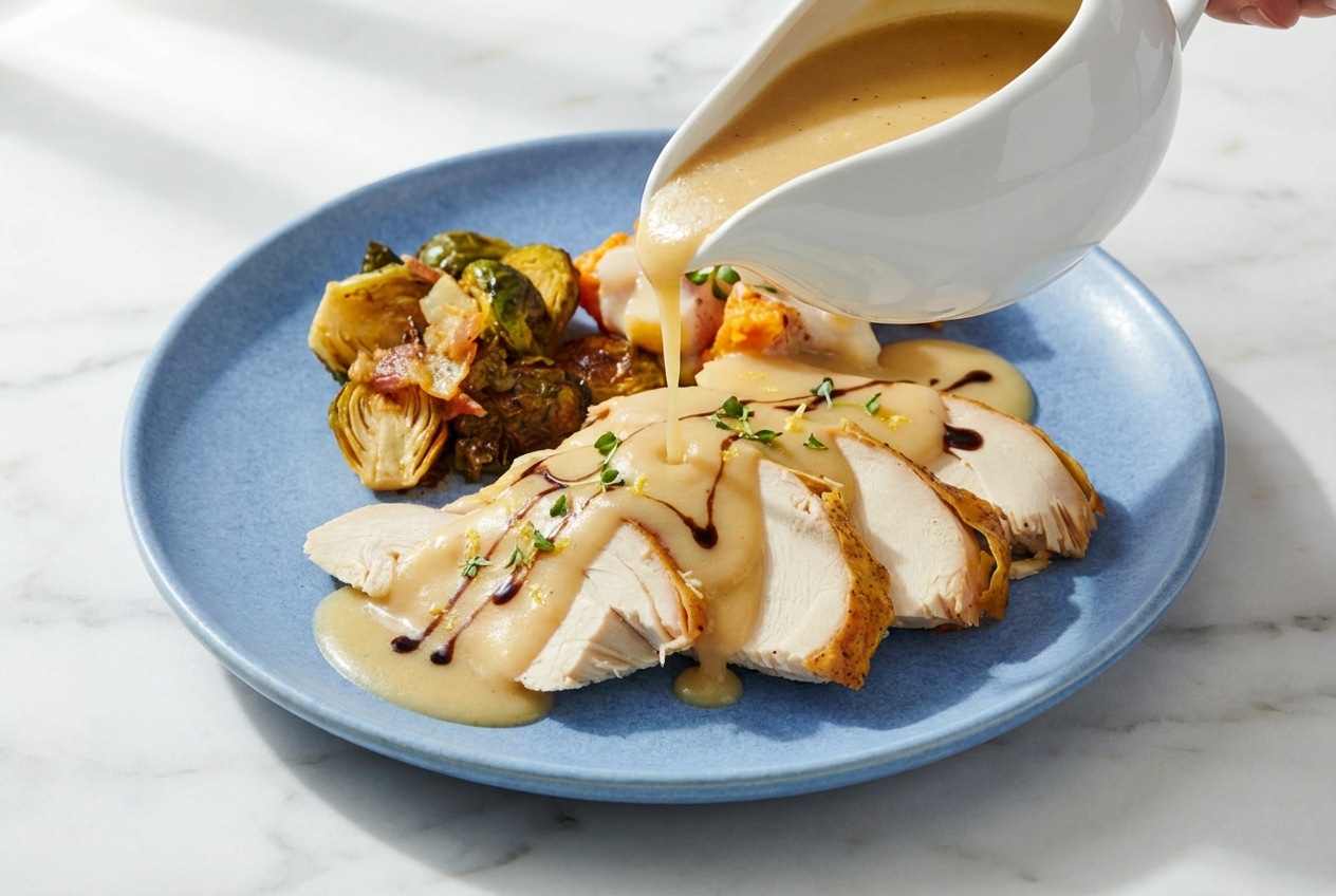 Velvety turkey gravy poured from a boat, showing the rich color of the umami-acid balance finish.
