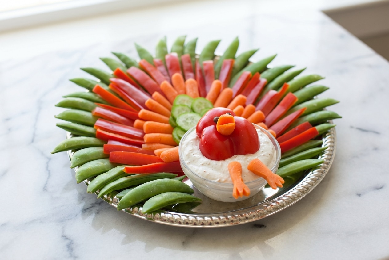 A festive turkey veggie tray with colorful vegetable 'feathers' and a clever 3D bell pepper head centerpiece.