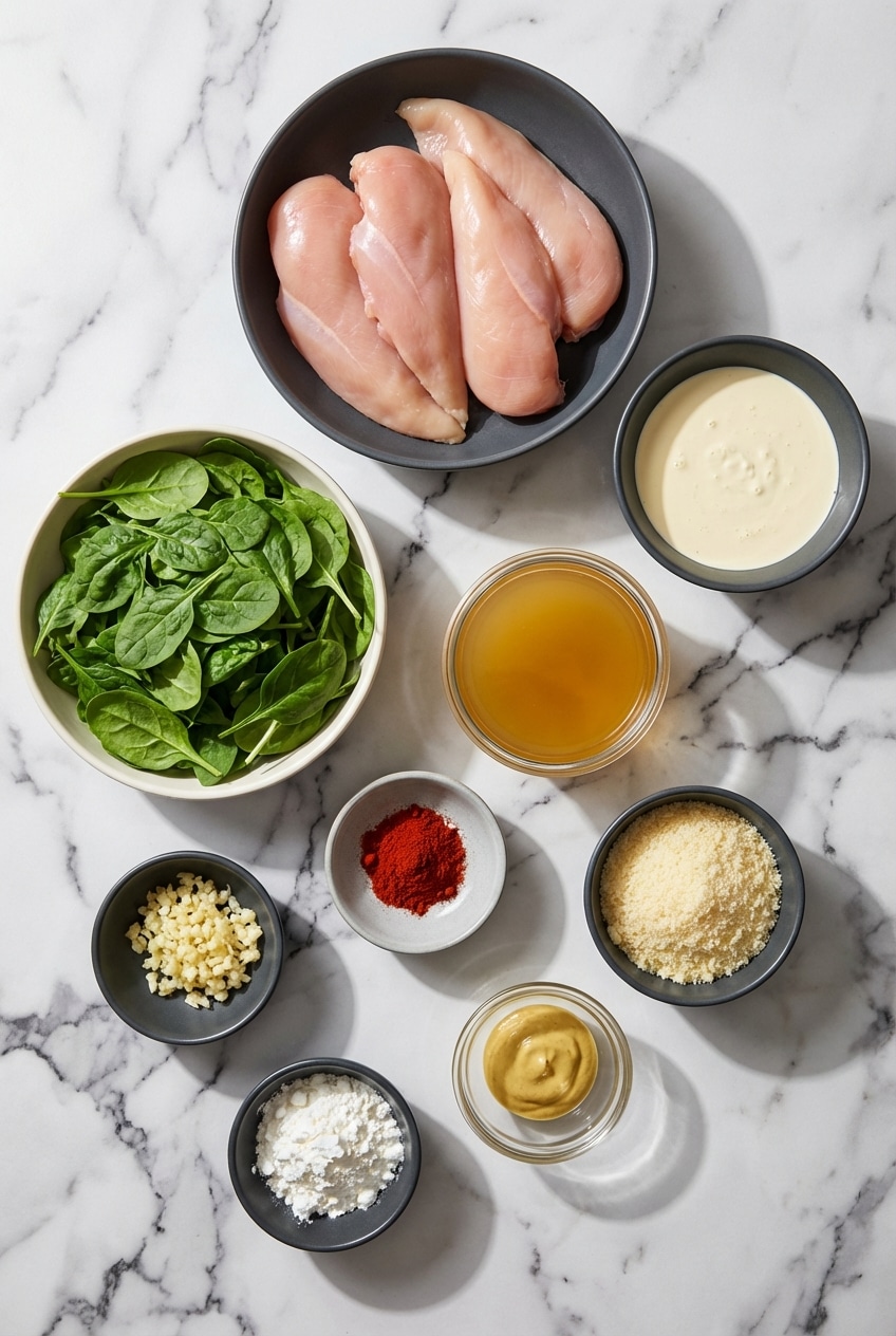 Ingredients for crockpot tuscan chicken recipe including sun-dried tomatoes, heavy cream, parmesan, and baby spinach.