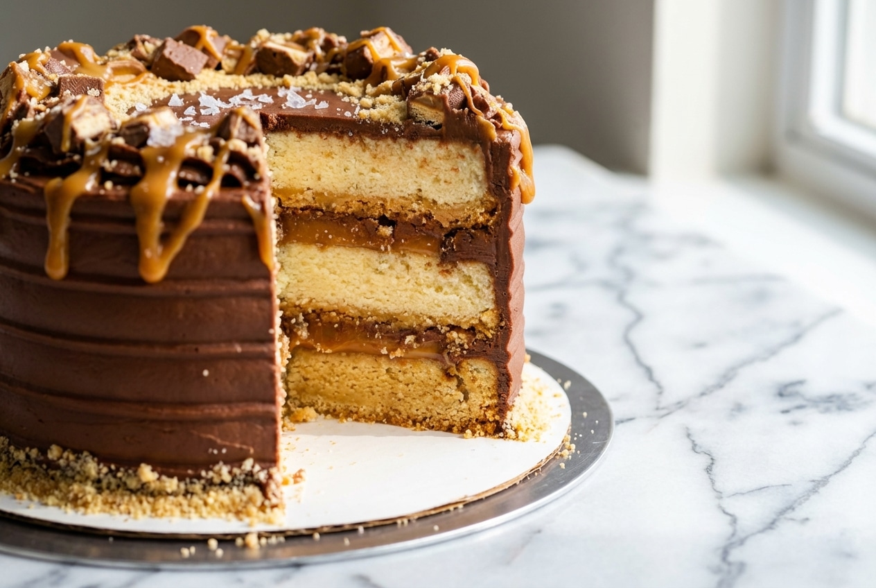 Layered twix cake featuring smoked sea salt and a crispy brown butter shortbread base.
