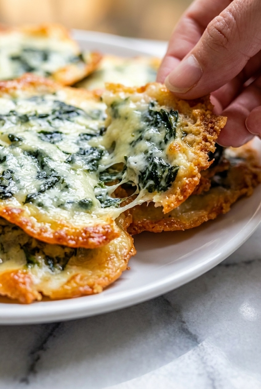 Close-up of spinach dip cheese crisps showing the golden texture of the Parmesan-panko crusted base.