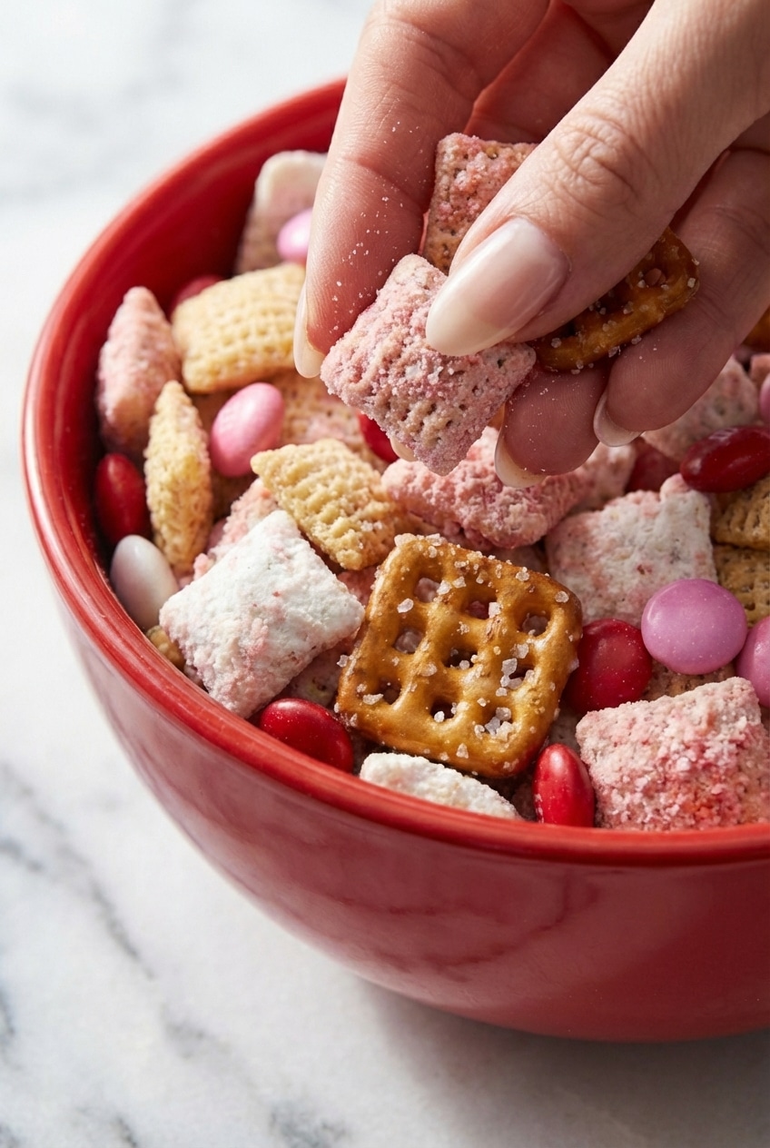 Close up texture of valentine chex mix showing the thick white chocolate coating and pink strawberry dust on cereal pieces