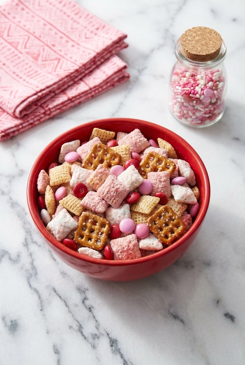 Festive bowl of valentine chex mix set out as a school party treat on a decorated table