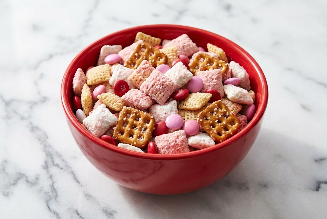 Bowl filled with pink and white valentine chex mix coated in strawberry shortcake dusting and mixed with salty pretzels