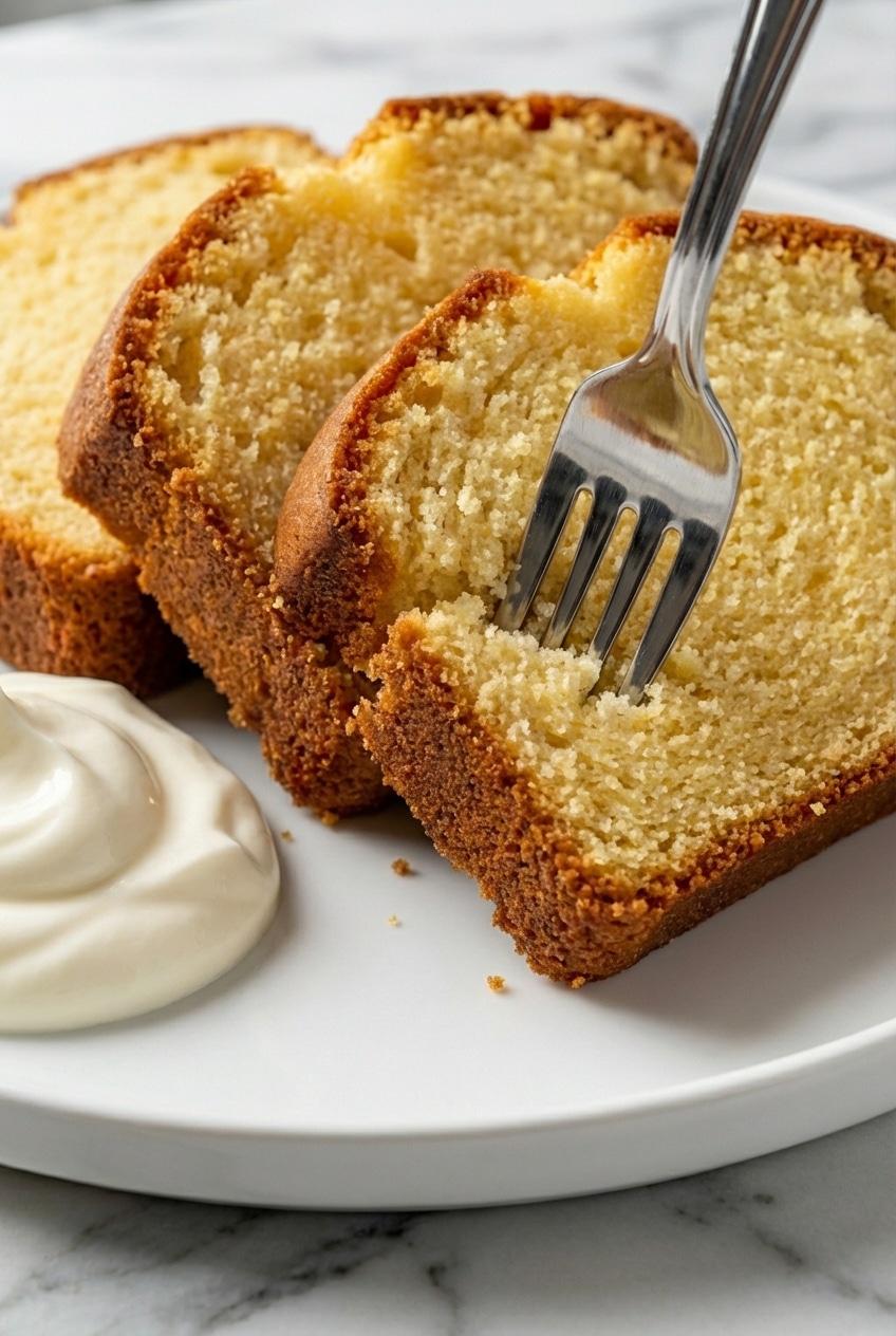 Close-up view of the dense, velvety texture inside a slice from this sour cream pound cake recipe.
