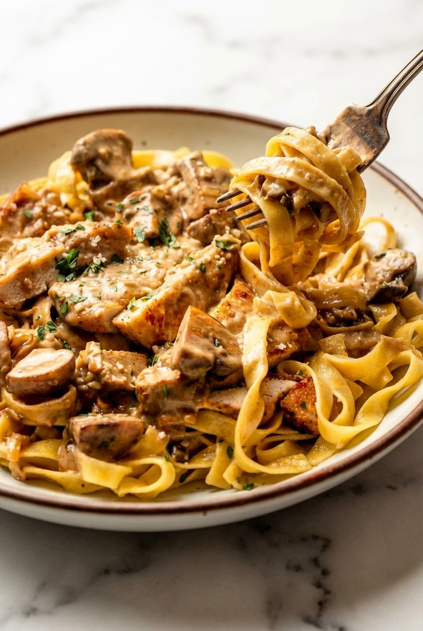 Close-up of velvety chicken marsala pasta sauce showing a glossy reduction and perfectly browned mushrooms.