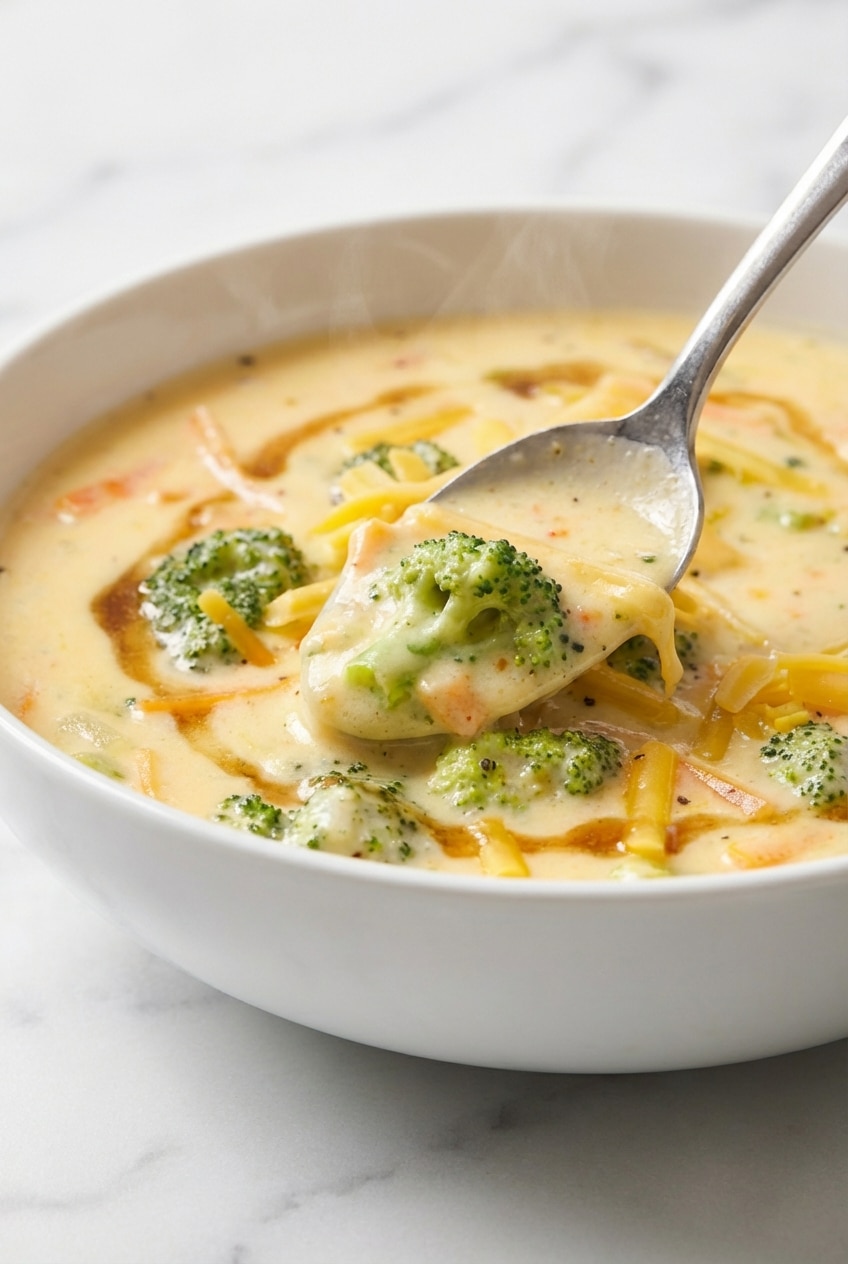 Close-up of velvety broccoli cheddar soup achieving a smooth emulsification with an immersion blender.