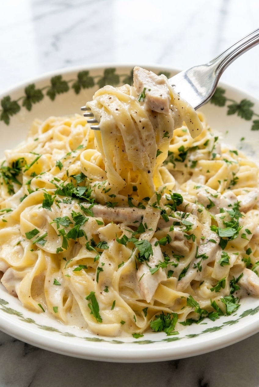 Close-up of chicken fettuccine alfredo being tossed to achieve a glossy, emulsified sauce texture.