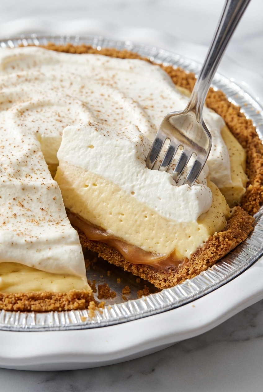 A close-up of the smooth eggnog pie filling showing the airy folding technique and golden crust detail.