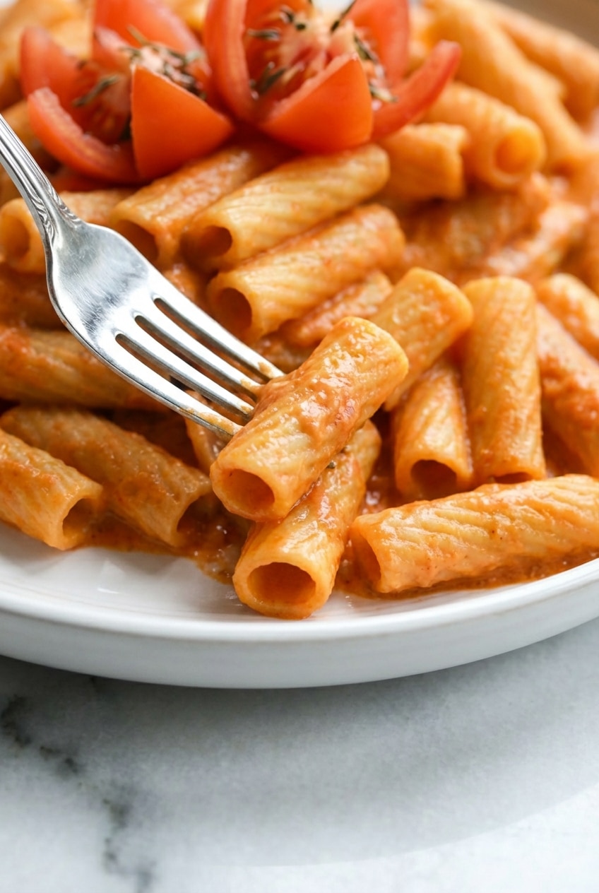 Close up of the velvety Pink Sauce Pasta texture achieved by using an immersion blender for smoothness.
