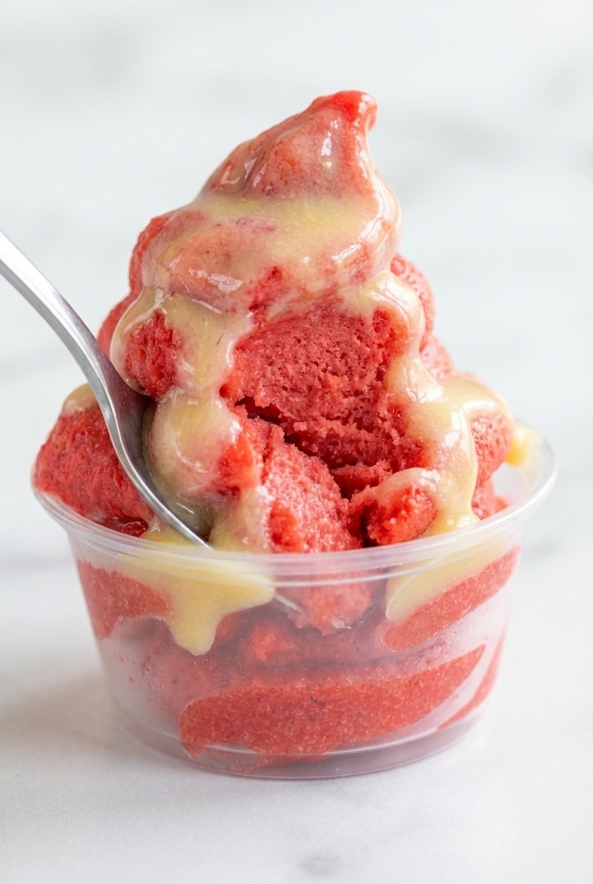 Close-up of velvety strawberry dole whip being processed in a high-speed blender for perfect emulsification.