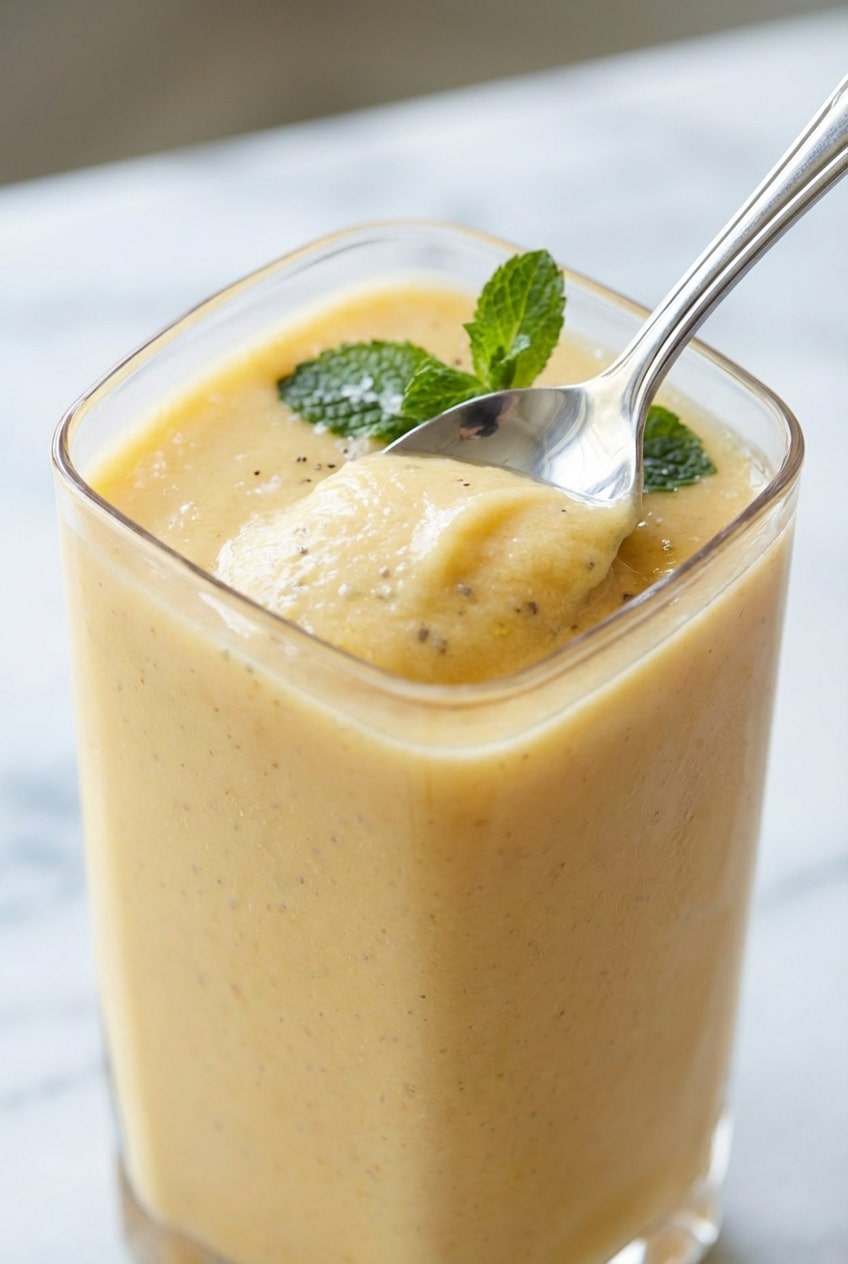 A vibrant banana peach smoothie showing a thick, silky consistency after using a high-speed blender.