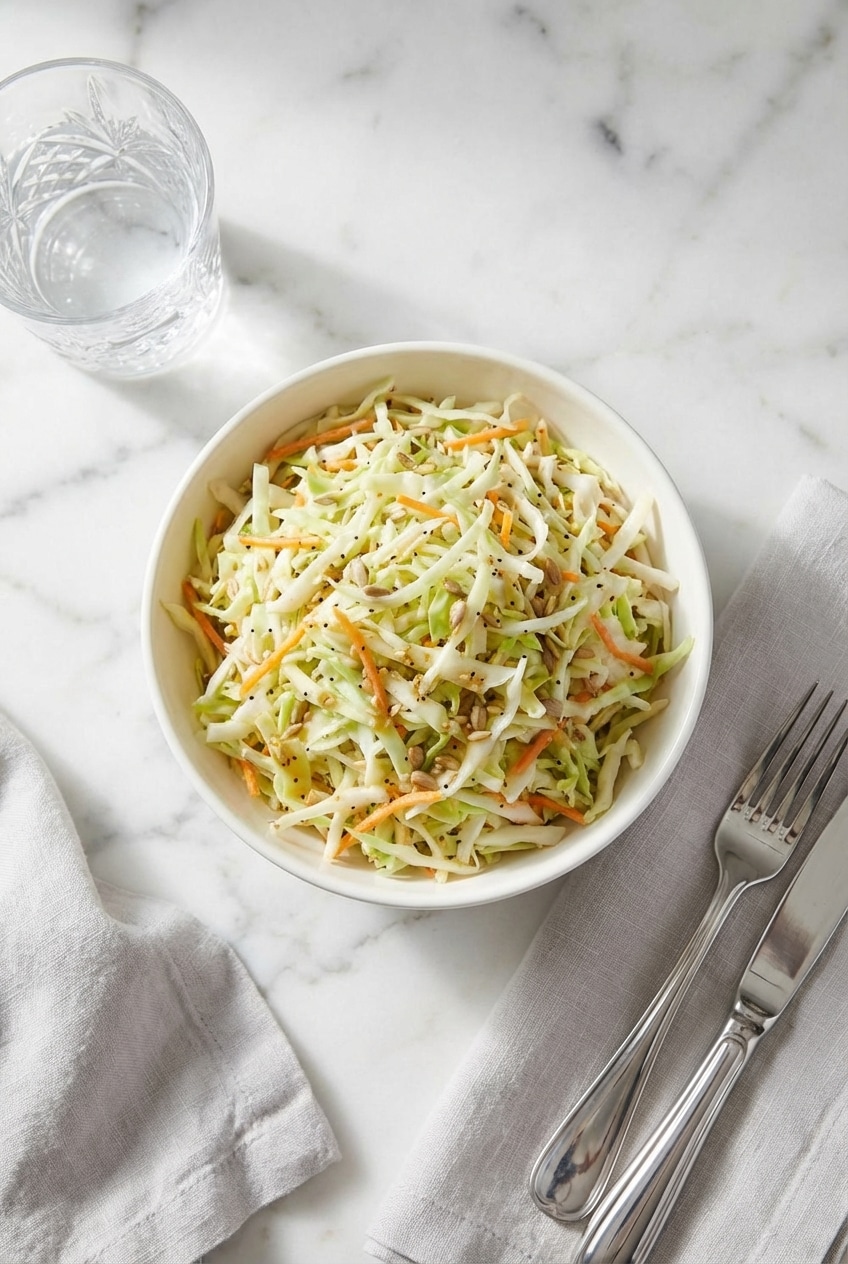 A vinegar coleslaw recipe served alongside barbecue favorites on a wooden table.