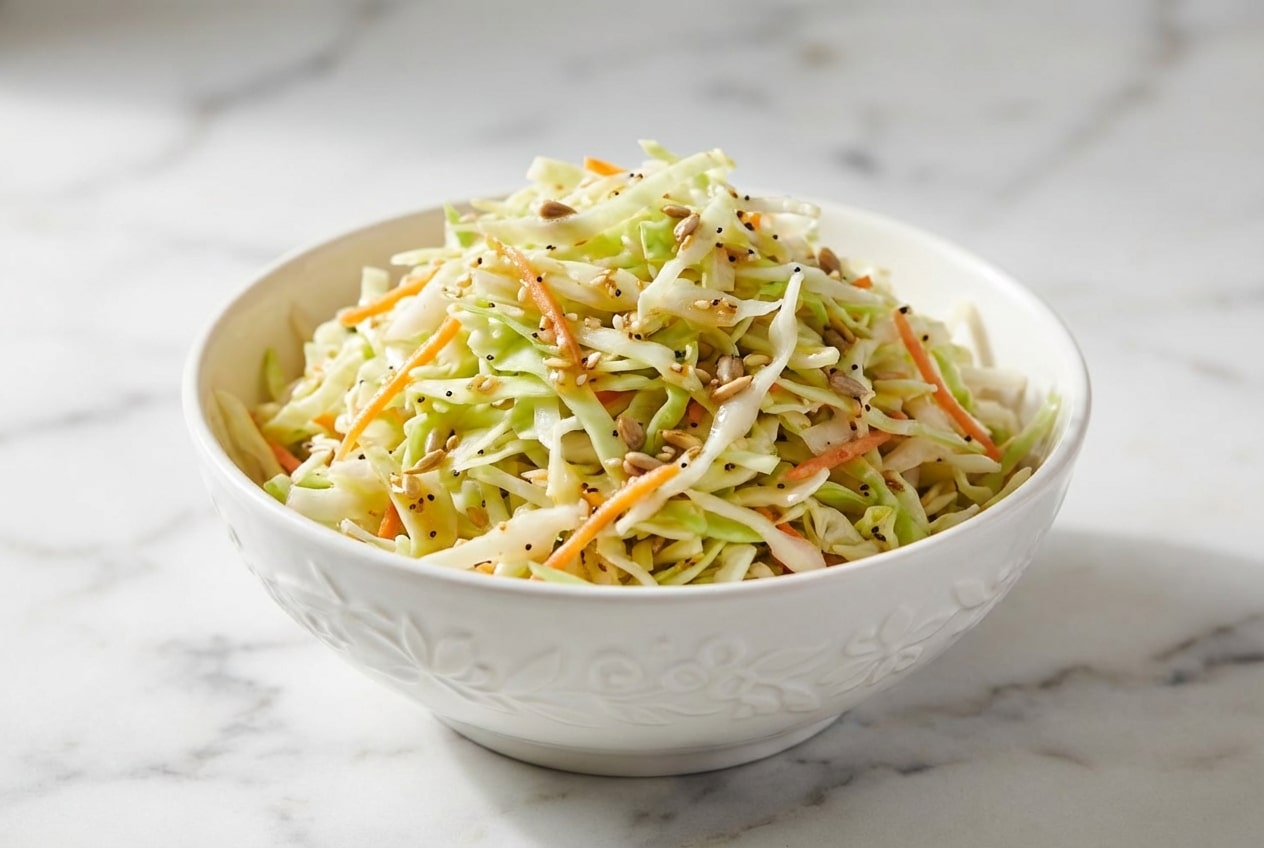 Crisp vinegar coleslaw recipe featuring shredded cabbage and carrots tossed in a toasted seed warm emulsion.