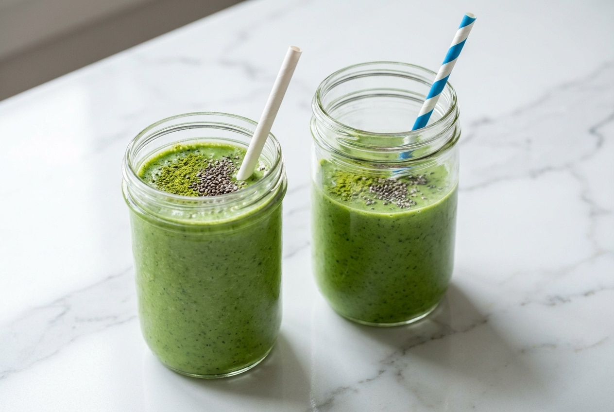 Tall glass of a vibrant Weight Loss Green Smoothie Recipe, blended with chilled green tea and sprinkled with chia seeds.