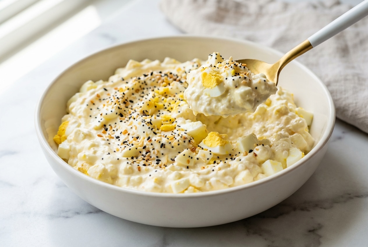 A creamy bowl of whipped cottage cheese egg salad topped with a generous sprinkle of Everything Bagel Crunch and fresh chives.