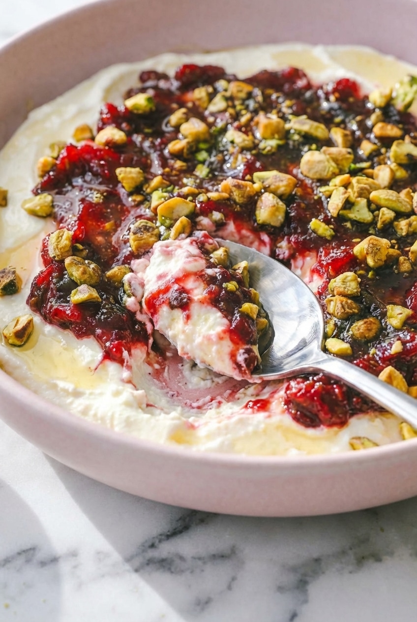 Close-up of the smooth emulsification of cranberry whipped feta dip showing a silky, airy texture.