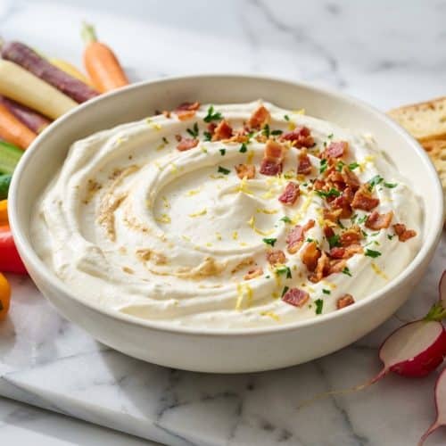 Whipped goat cheese with roasted garlic paste and lemon zest in a bowl with herbs and honey drizzle.