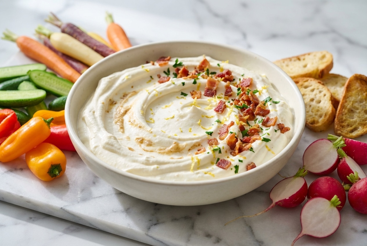 Whipped goat cheese with roasted garlic paste and lemon zest in a bowl with herbs and honey drizzle.