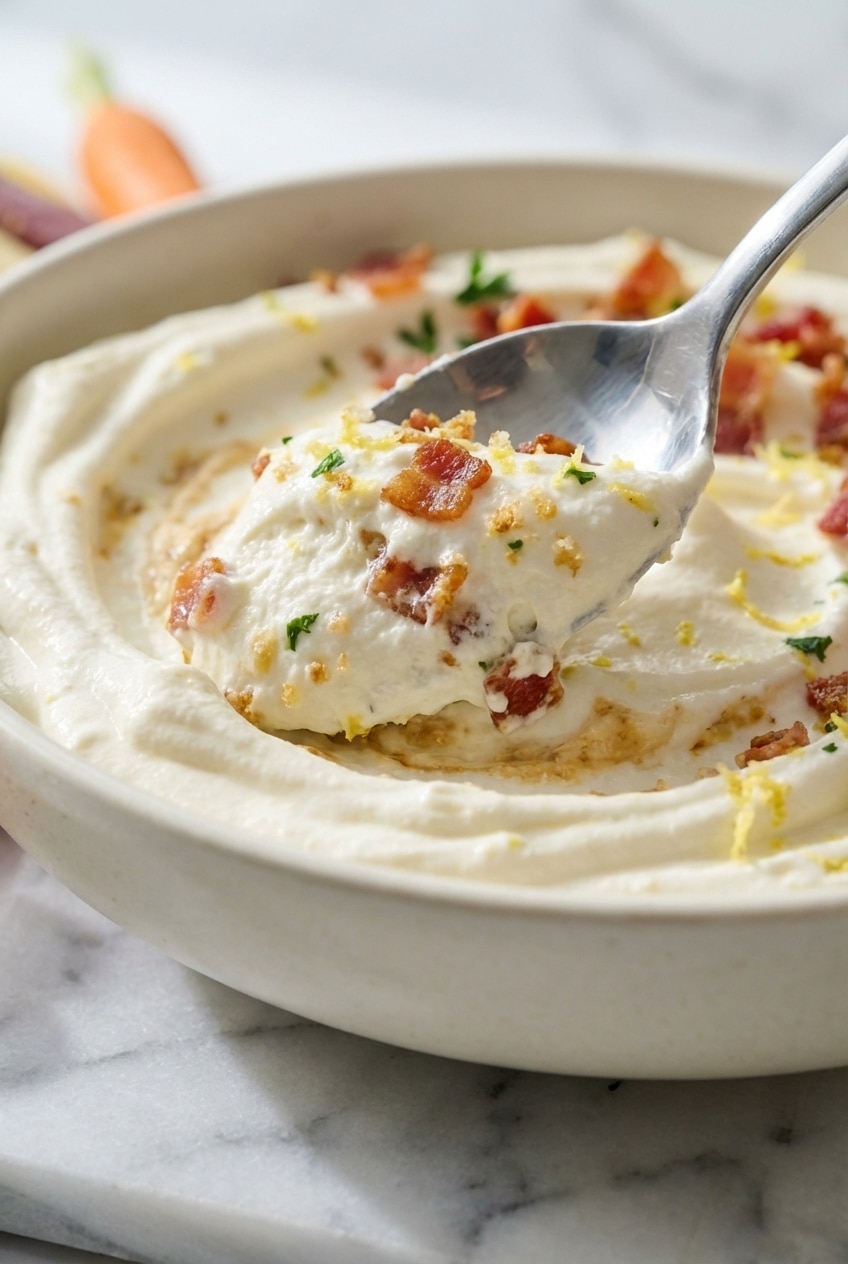 Close-up of whipped goat cheese showing a smooth, aerated texture after blending in a food processor.