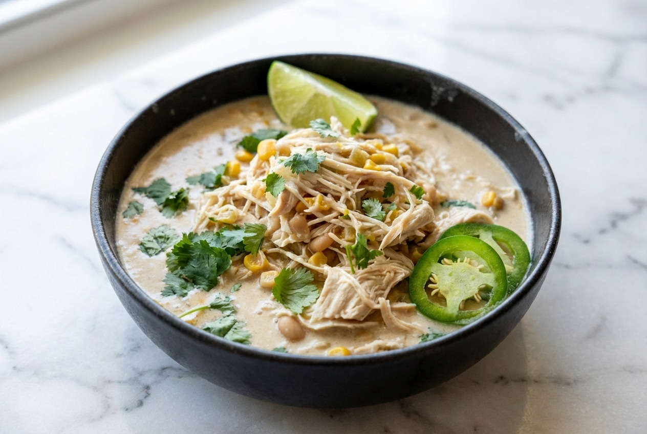 Creamy white chicken chili slow cooker bowl made savory with a Parmesan rind and white miso infusion.