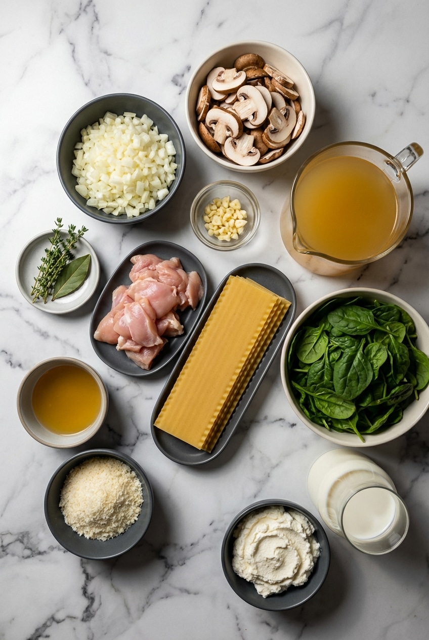 Raw ingredients for white lasagna soup including Mafaldine noodles, Ricotta cheese, and a Parmesan rind.