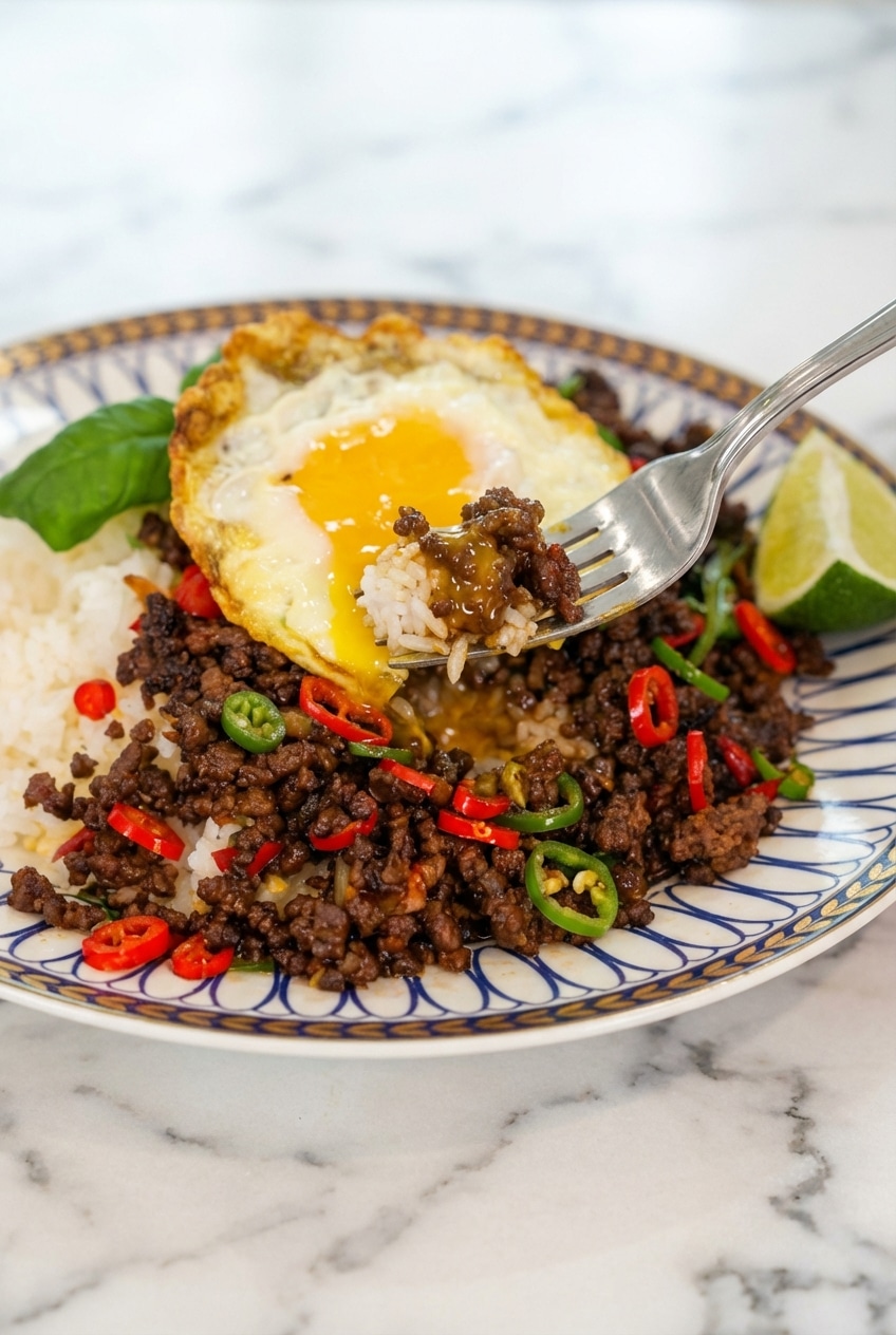 Sizzling ground meat and Thai Holy Basil being tossed in a wok to create an authentic pad kra pao recipe.