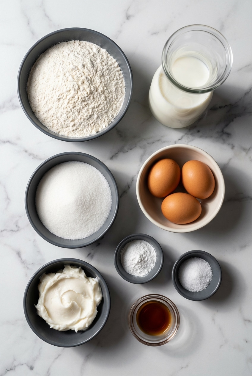 Ingredients for yellow cake including all-purpose flour, unsalted butter, and vanilla extract on a white counter.