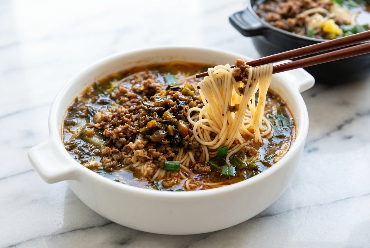 Yunnan rice noodle soup featuring an umami-seared pickle base and vibrant garlic chives in a savory broth.