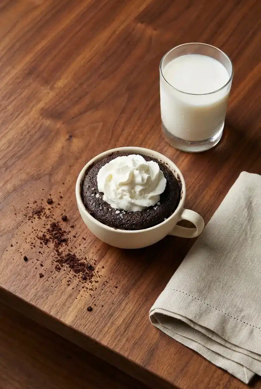 A cozy serving setup featuring the 2 Ingredient Oreo Mug Cake topped with a scoop of vanilla ice cream.