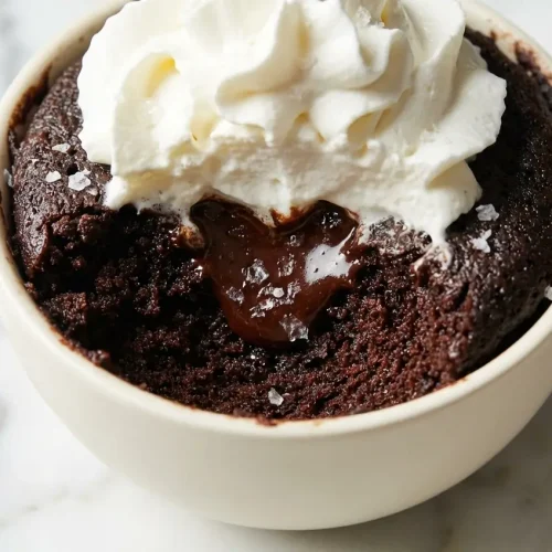 Decadent 2 Ingredient Oreo Mug Cake with a molten dark chocolate center, made from fine cookie powder.