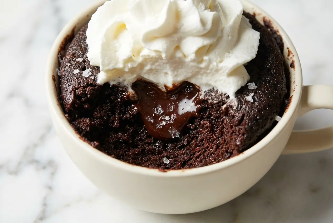 Decadent 2 Ingredient Oreo Mug Cake with a molten dark chocolate center, made from fine cookie powder.