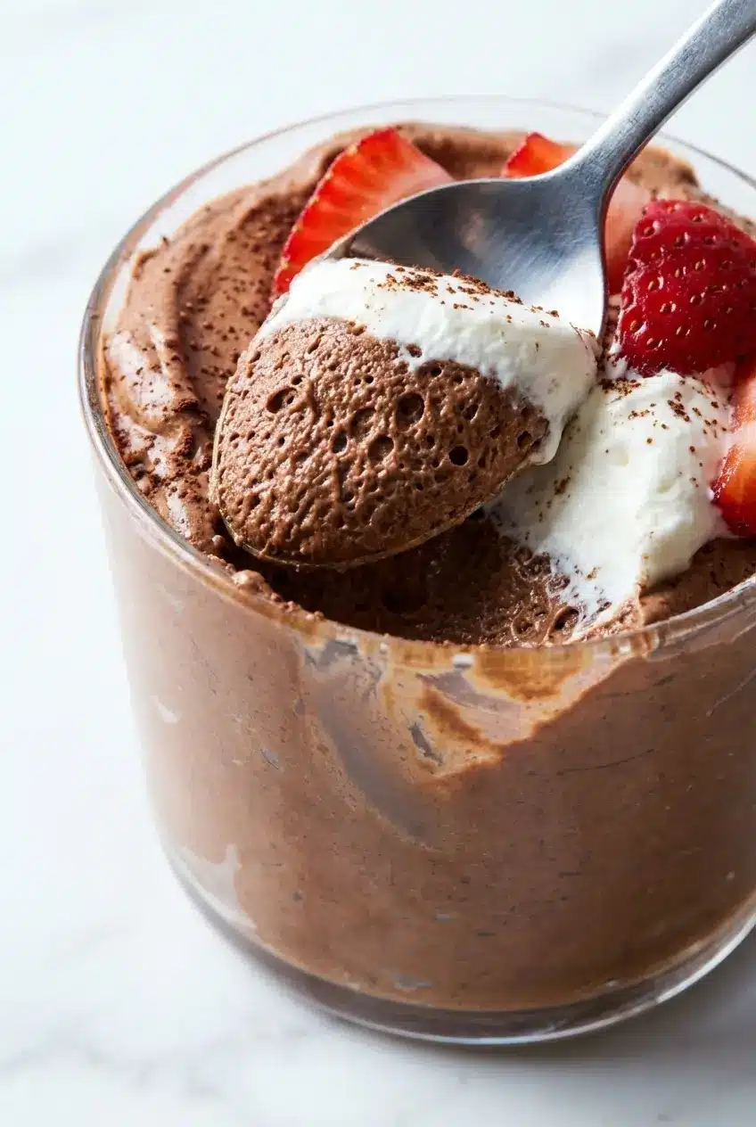 Folding heavy whipping cream into chocolate with a rubber spatula for airy 3-Ingredient Chocolate Marshmallow Mousse.