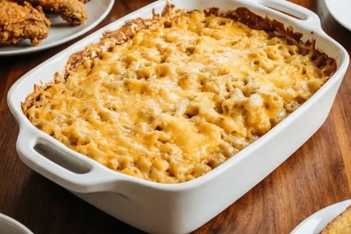 Golden Southern Baked Mac and Cheese in a casserole dish featuring a fragrant nutmeg-infused brown butter roux.
