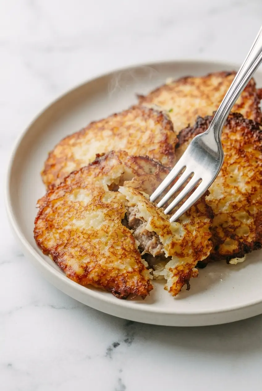 Stuffed potato pancakes pan-frying to a deep golden brown using the starch-recovery technique.