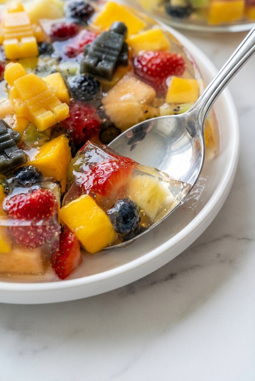 A perfectly set slice from our agar agar fruit jelly recipe showcasing the clear pandan base and evenly distributed fruit.