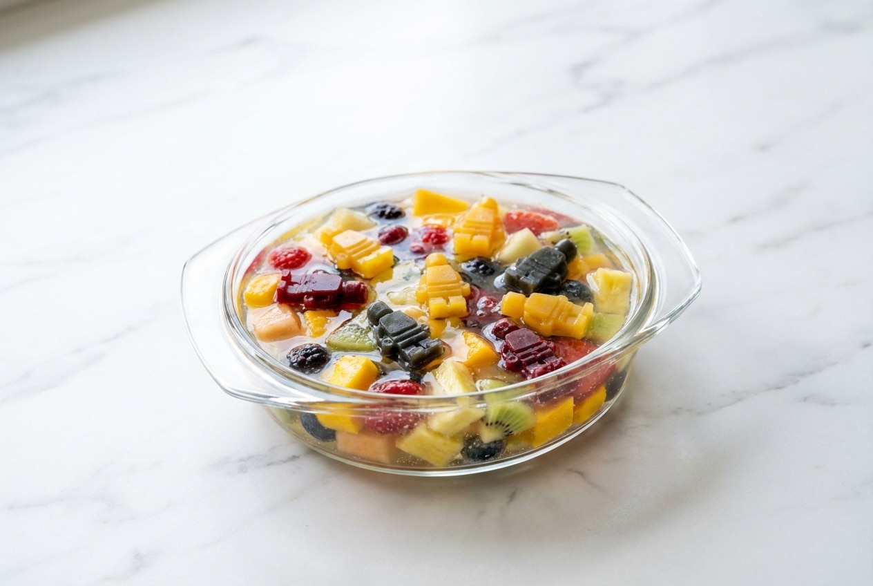 Clear agar agar fruit jelly recipe featuring fresh, colorful fruit chunks suspended in a pandan-infused coconut water base.