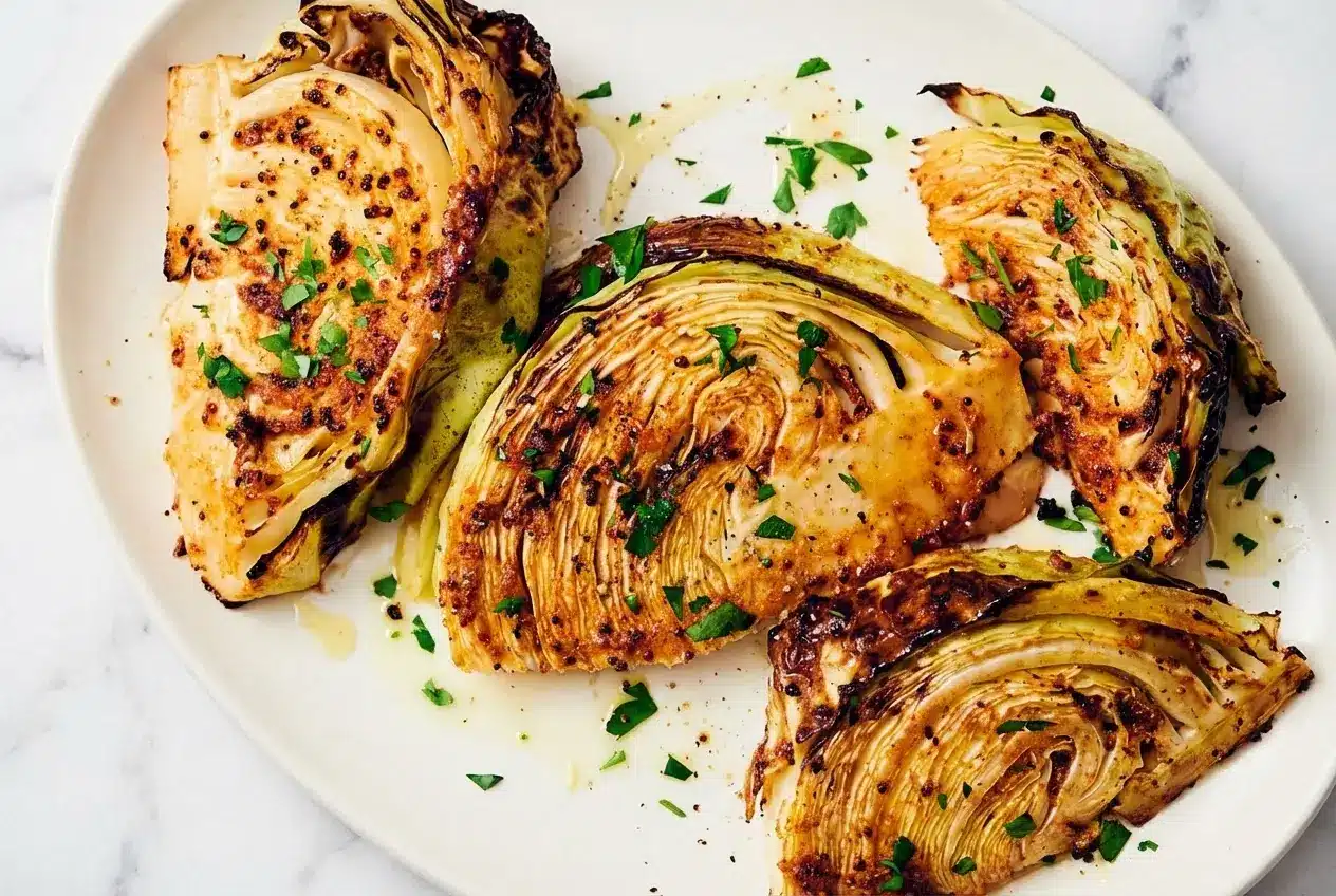 Air fryer cabbage wedges with crispy edges, coated in a maple-mustard glaze and dusted with freshly grated Parmesan cheese.