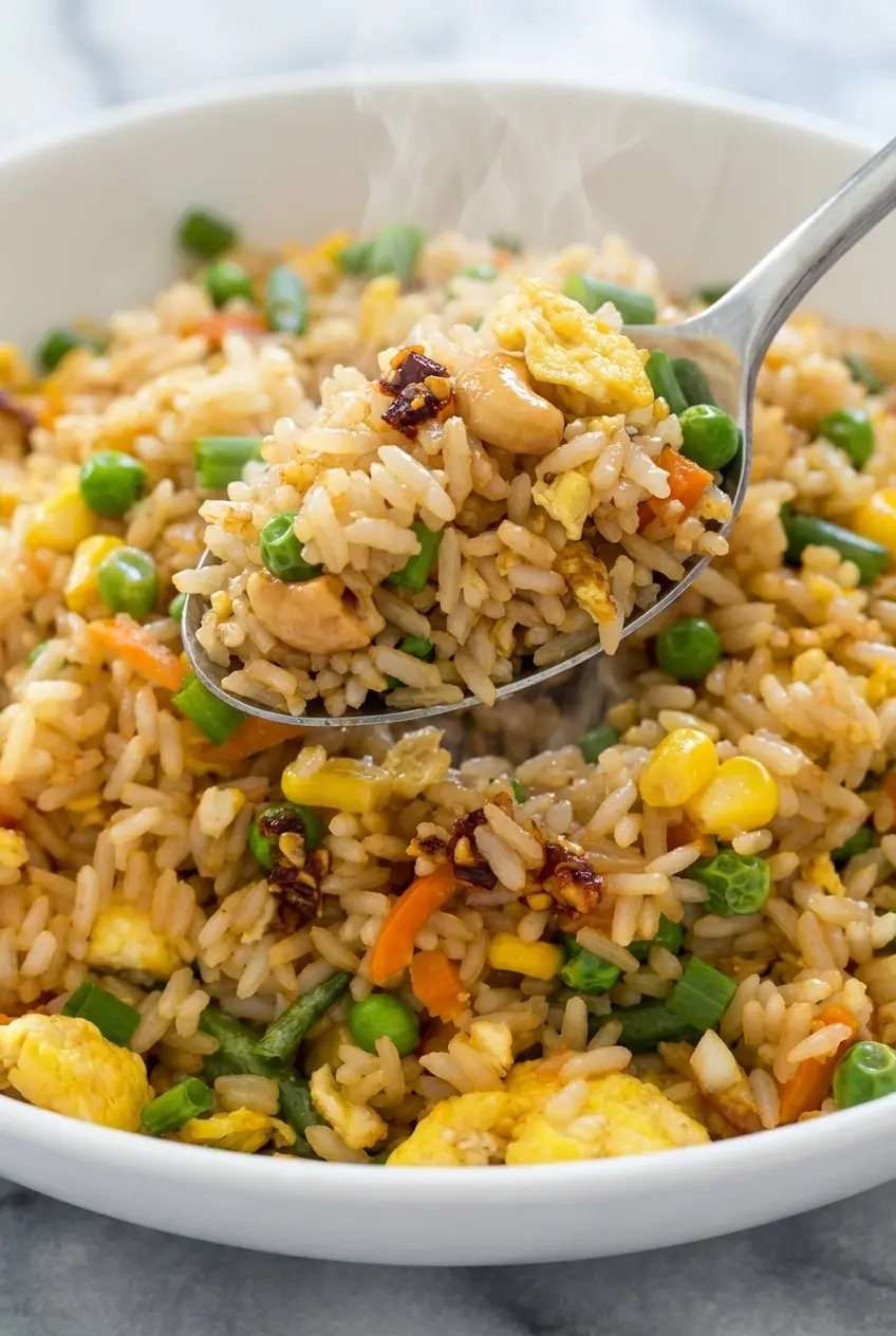 Close-up of air fryer fried rice recipe showing crispy grains and toasted cashews.