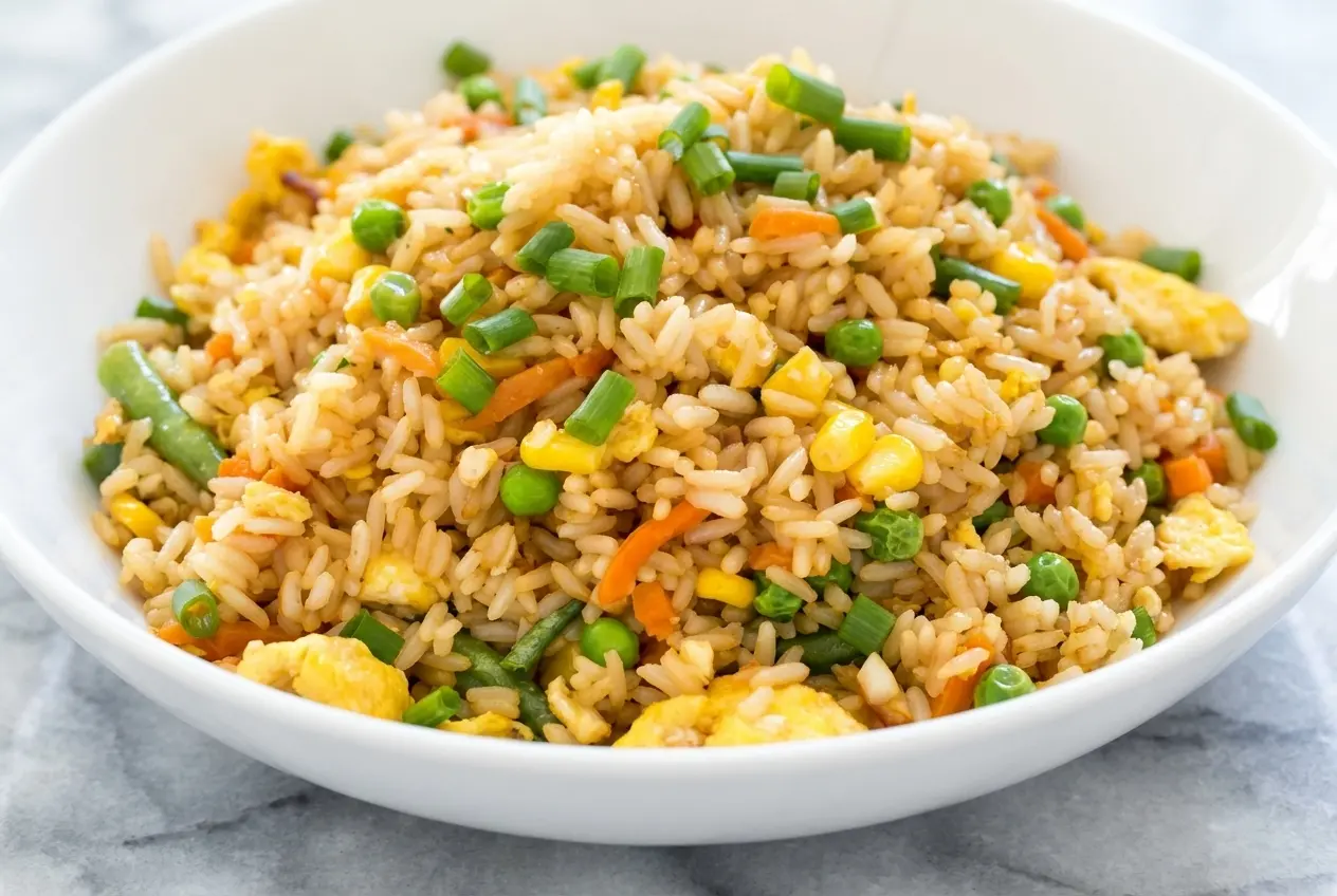 Air fryer fried rice recipe topped with crunchy toasted cashews and spicy garlic chili crisp oil.