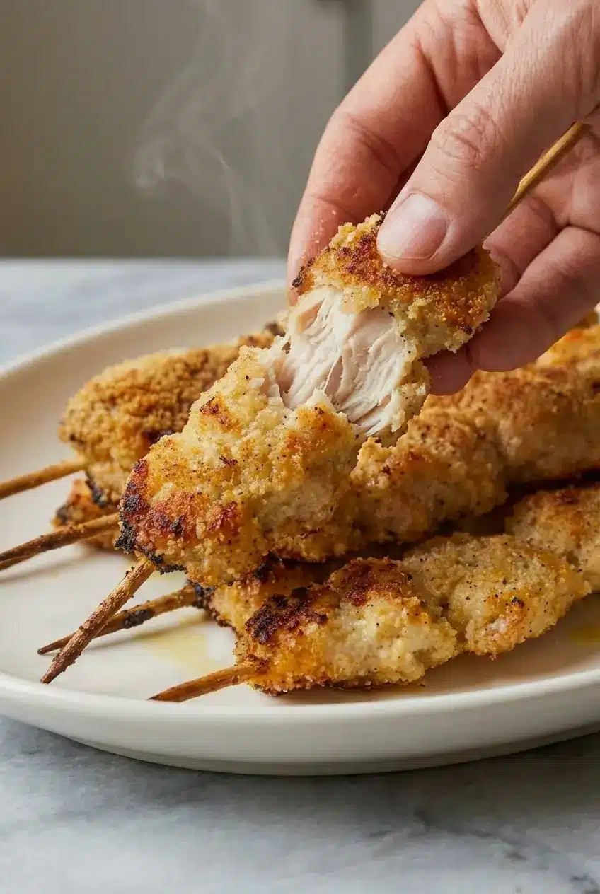 Garlic Parmesan Chicken Skewers air-frying to achieve a crispy Maillard reaction crust.