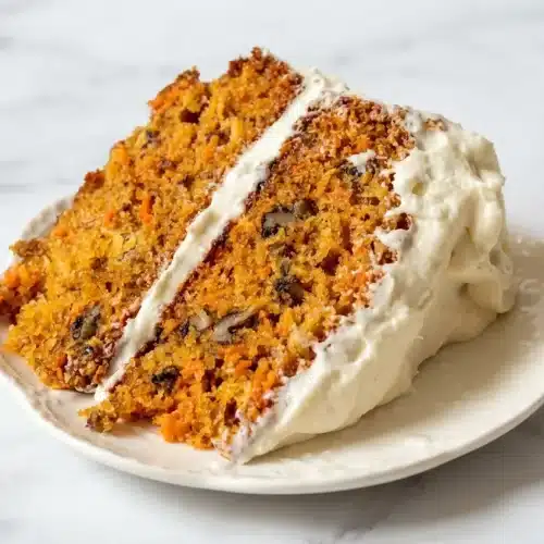 Amish carrot cake topped with velvety brown butter cream cheese frosting and crunchy toasted pecans.