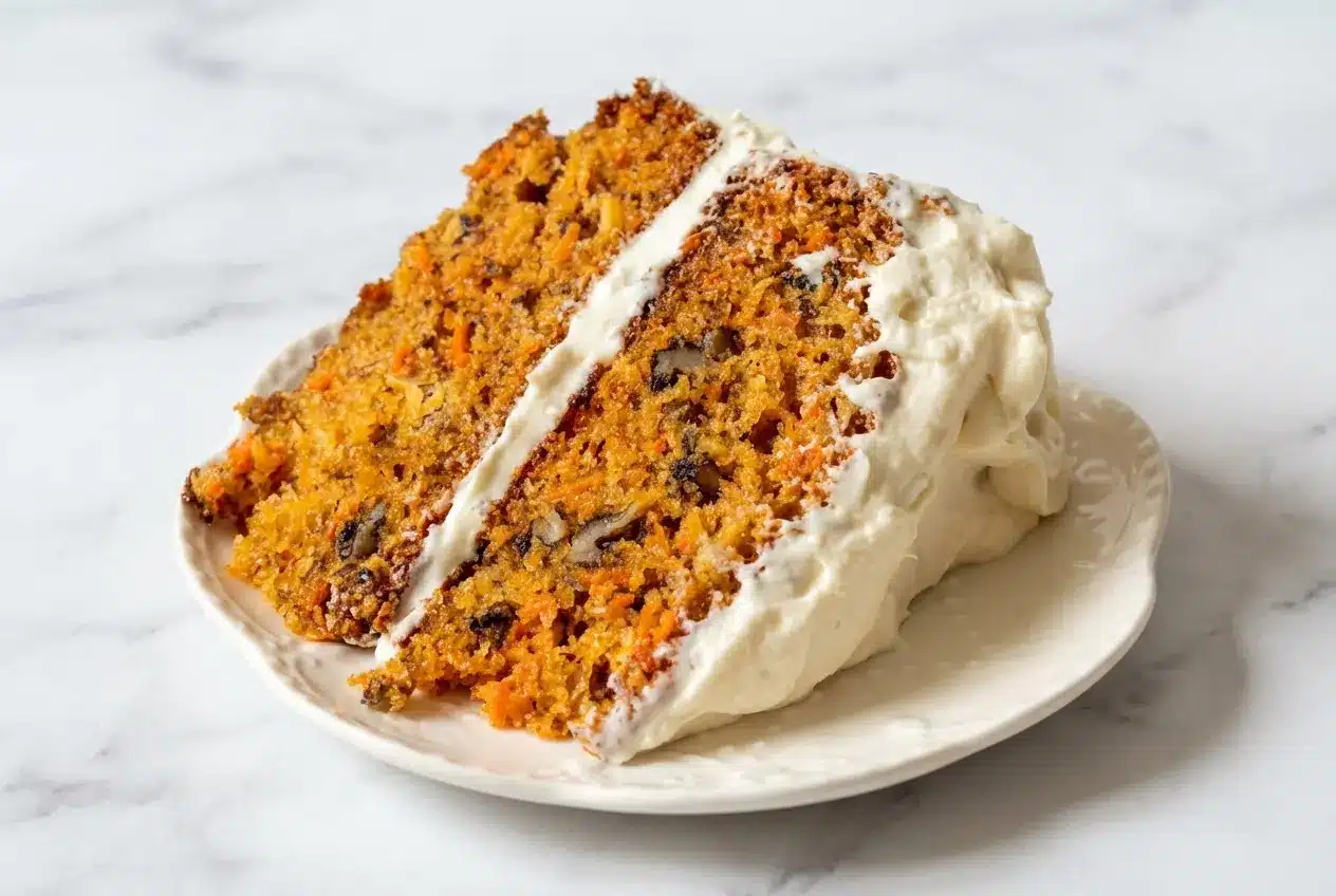Amish carrot cake topped with velvety brown butter cream cheese frosting and crunchy toasted pecans.