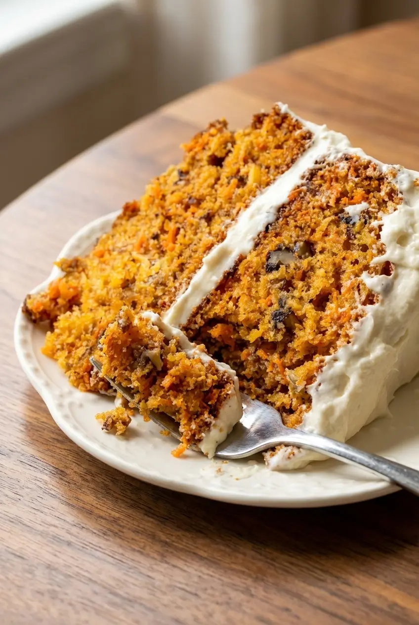 Close-up of the moist cake crumb in a slice of Amish carrot cake showing shredded carrots and a tender texture.