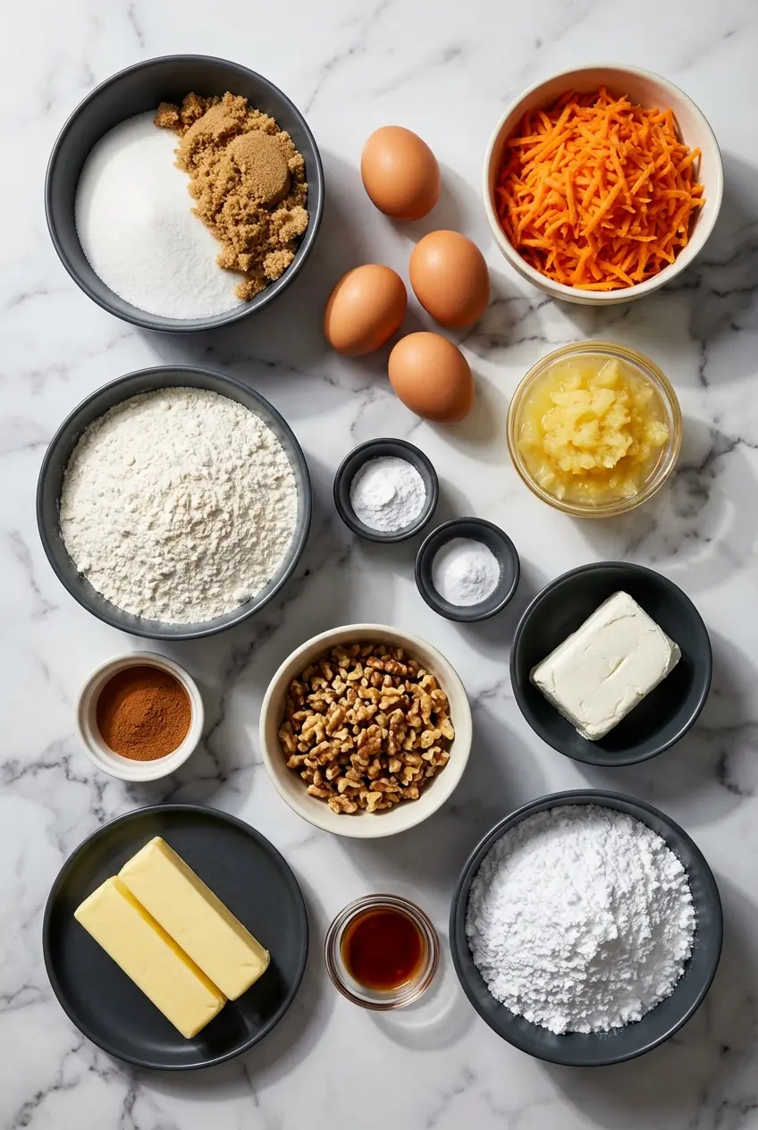 Ingredients for Amish carrot cake including freshly shredded carrots, crushed pineapple, ground cinnamon, and pecans.
