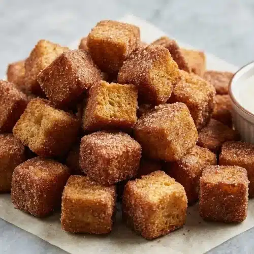 Angel Food Cake Churro Bites Recipe with a savory brown butter cream cheese dip and smoked sea salt.