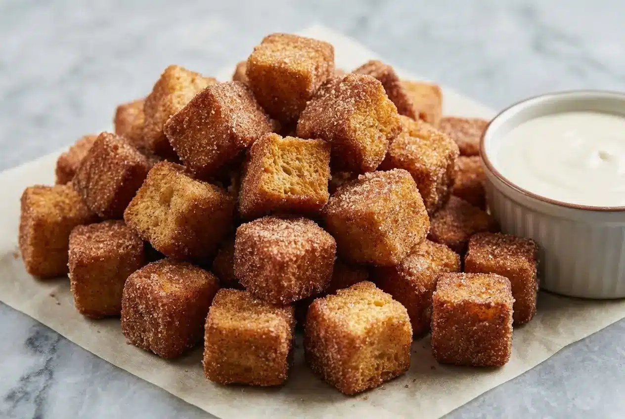 Angel Food Cake Churro Bites Recipe with a savory brown butter cream cheese dip and smoked sea salt.