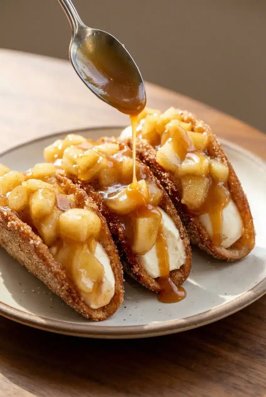 Close up of piped filling inside Apple Cheesecake Tacos showing the gooey caramel layer and cinnamon dusted shell.